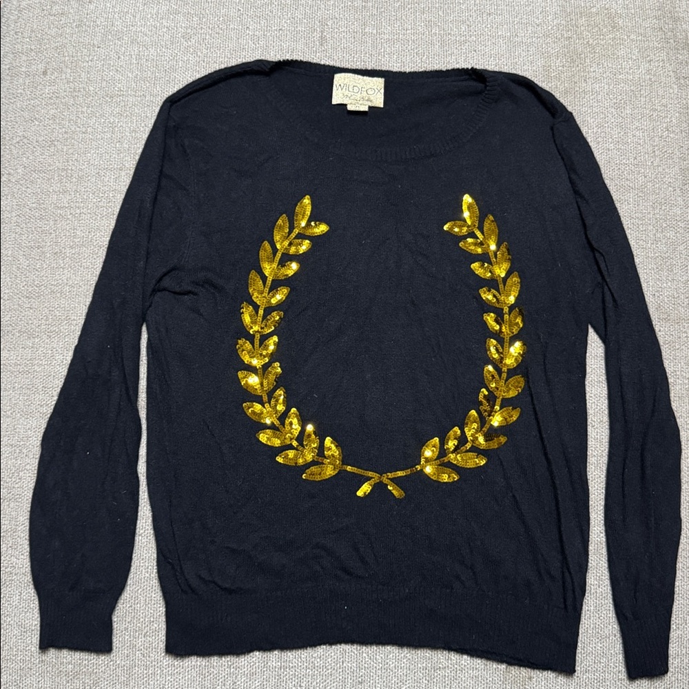 Wildfox Black Sweater with Gold  Sequin Leaf Design Size M